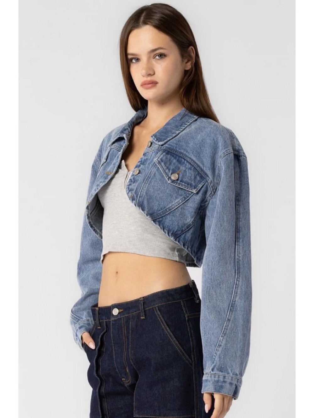 Tilly's Sz M Cropped Denim Jacket Button Up Dropped Sleeves Unlined